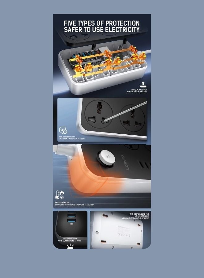 LDNIO Universal 3 Power Socket with 3 C Port 3 USB-A Extension – 2m Power Strip Charging Station, Perfect for Home/Office Use – Smart Auto-ID USB Ports, 2500W Surge Protection, Flame-Resistant, Black/Grey Rohs certification - Image 5